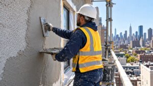 Worker applying fresh stucco during a stucco repair in New York