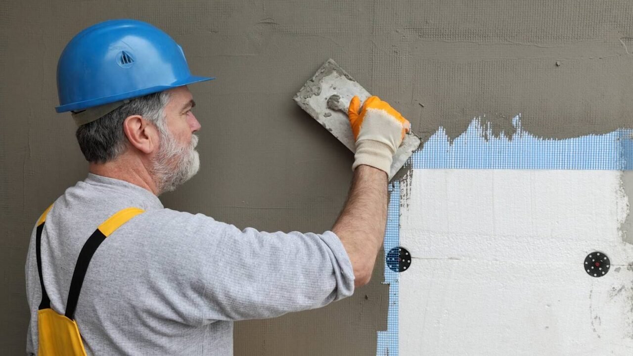 Worker applying fresh stucco during a stucco repair in New York