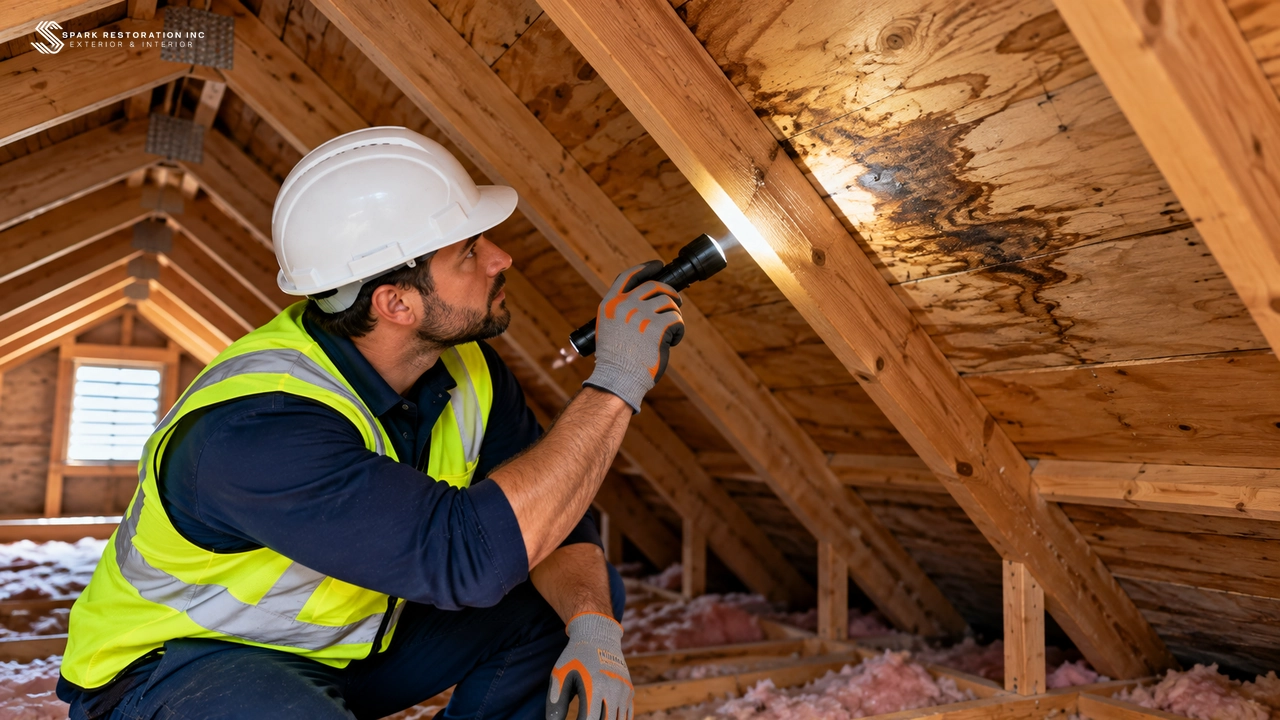 Roofer checking a water stain on the underside of a roof deck in an attic