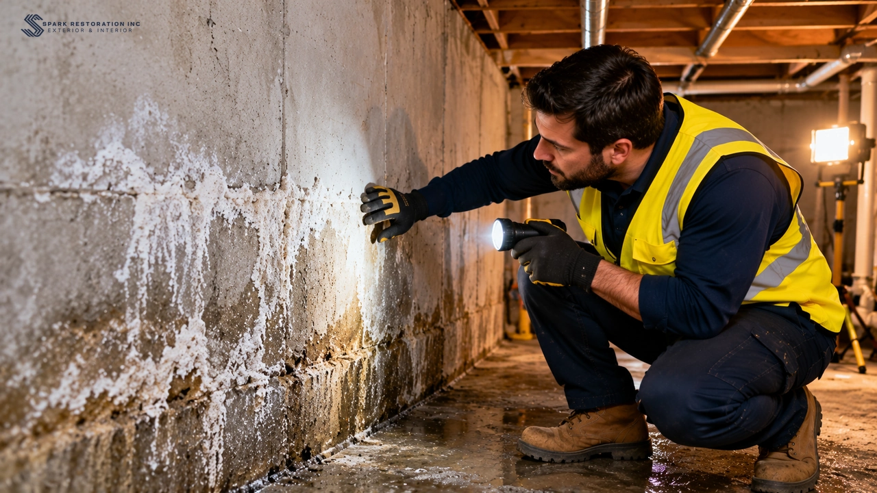 Close inspection of efflorescence and damp on a basement wall