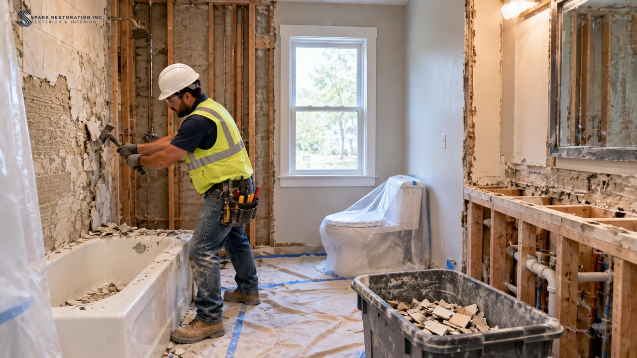 Bathroom mid-demolition with tiles removed during a remodel