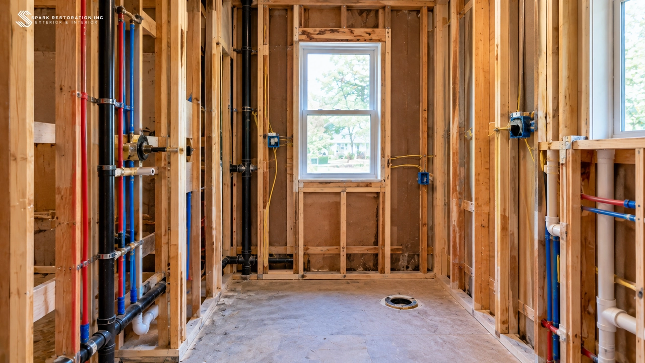 Exposed bathroom wall framing with new rough plumbing pipes and electrical runs