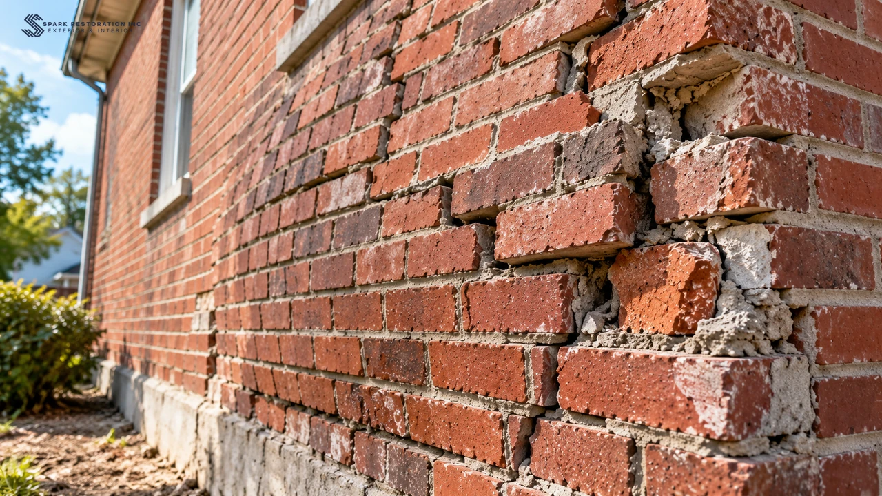Close-up of a bulging, cracked brick wall that needs rebuilding