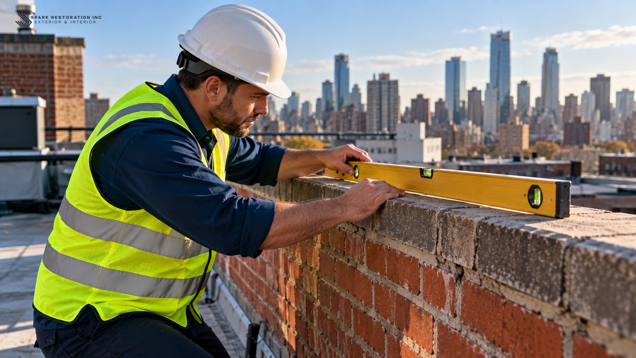 Worker checking a brick parapet wall for alignment with a long spirit level