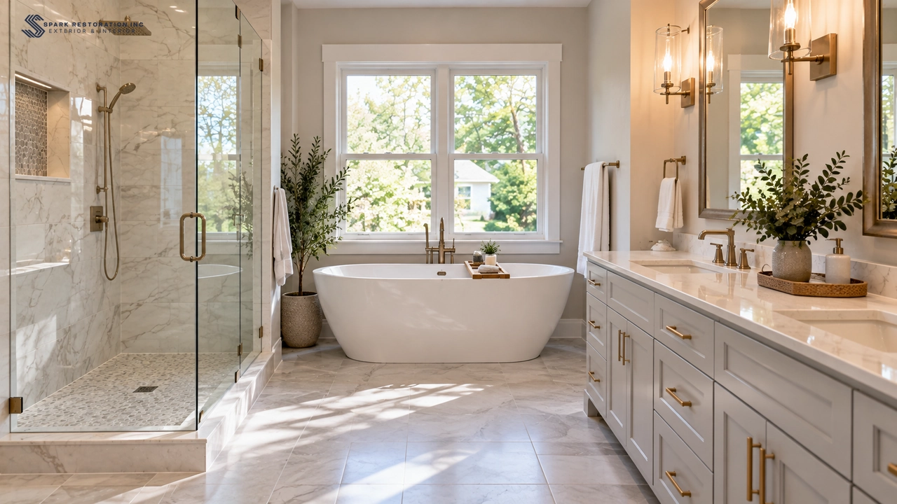 Completed elegant bathroom remodel with freestanding tub and tiled floor