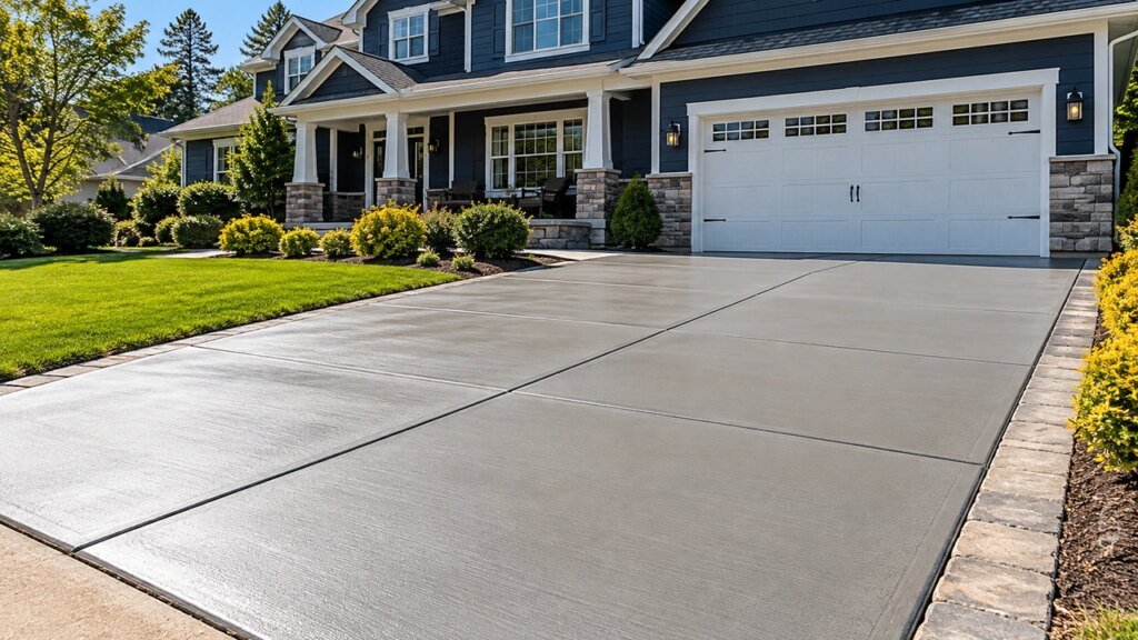 Freshly poured concrete driveway with a curved concrete sidewalk