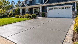 Freshly poured concrete driveway with a curved concrete sidewalk