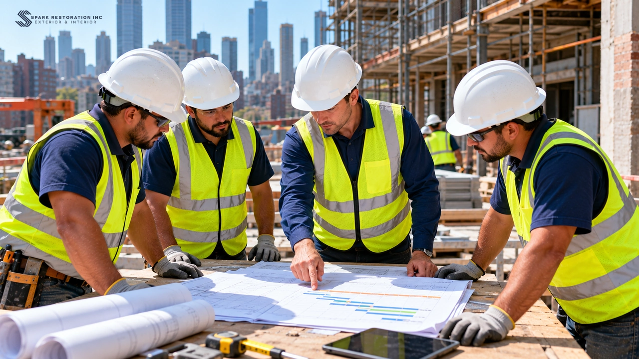 Construction project manager reviewing a timeline schedule with the crew