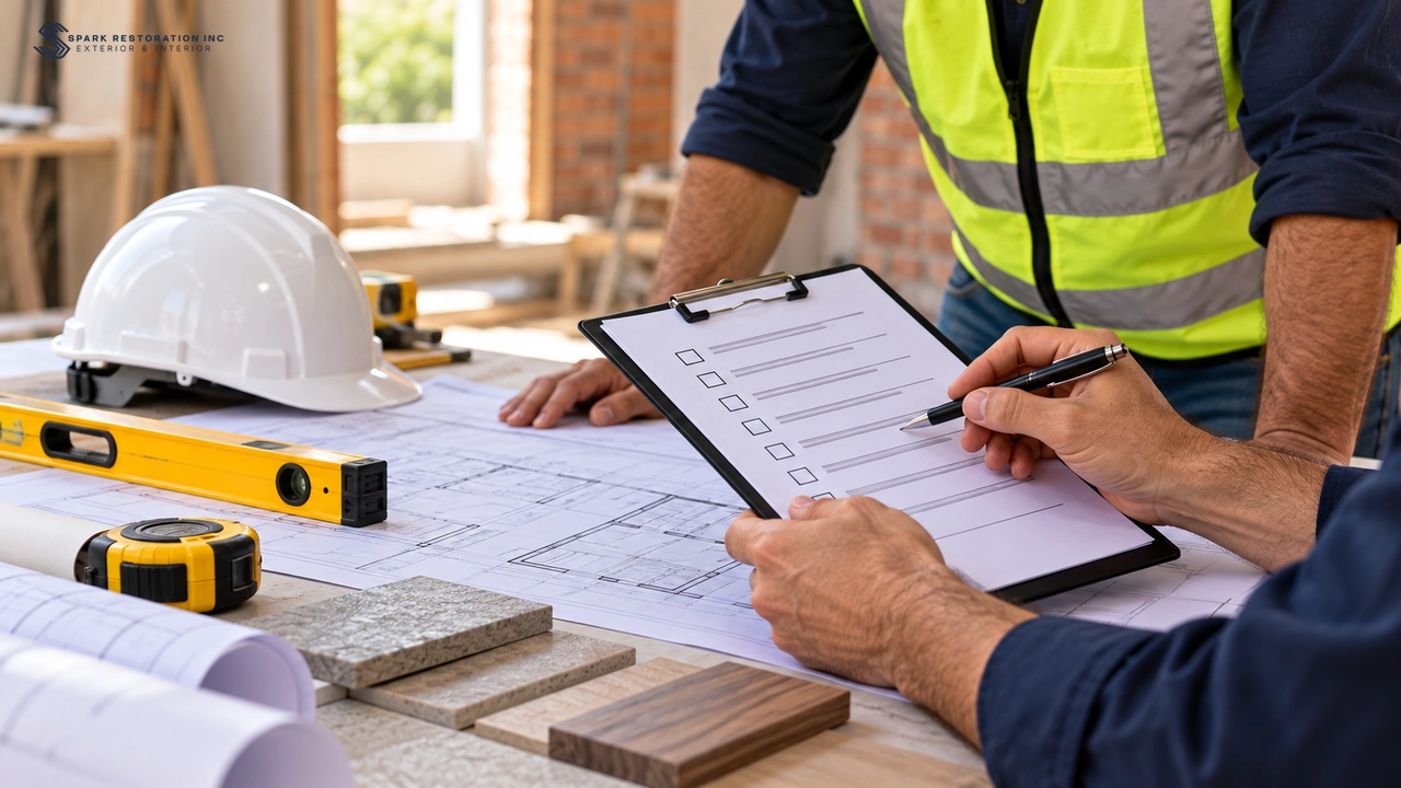 Checking a contractor licence and insurance checklist during a planning meeting
