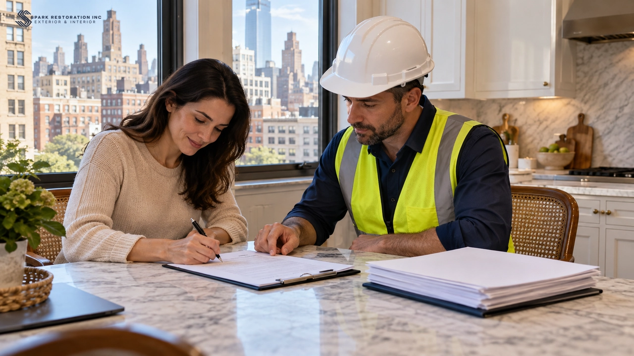 Homeowner signing a co-op alteration agreement with a contractor