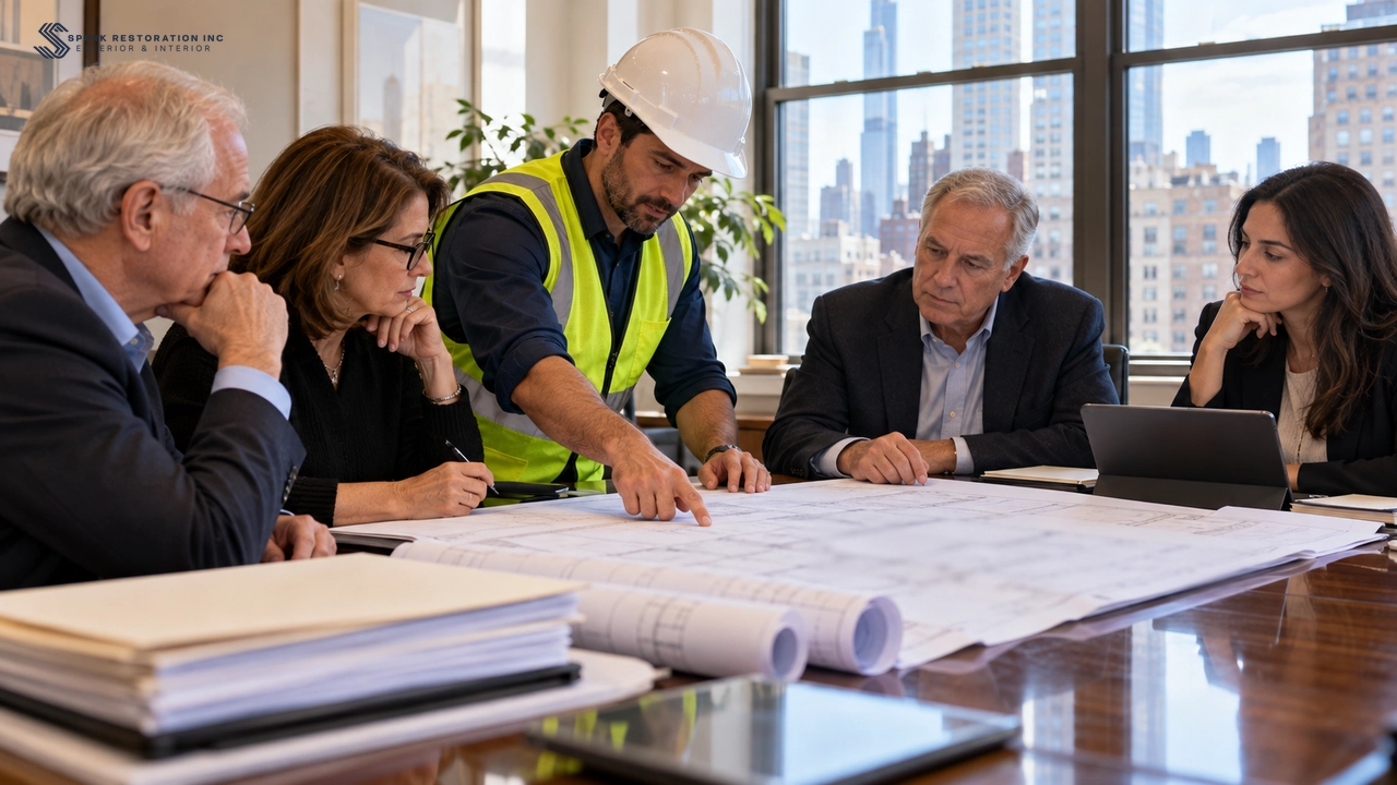 Co-op board members reviewing architectural drawings at a meeting