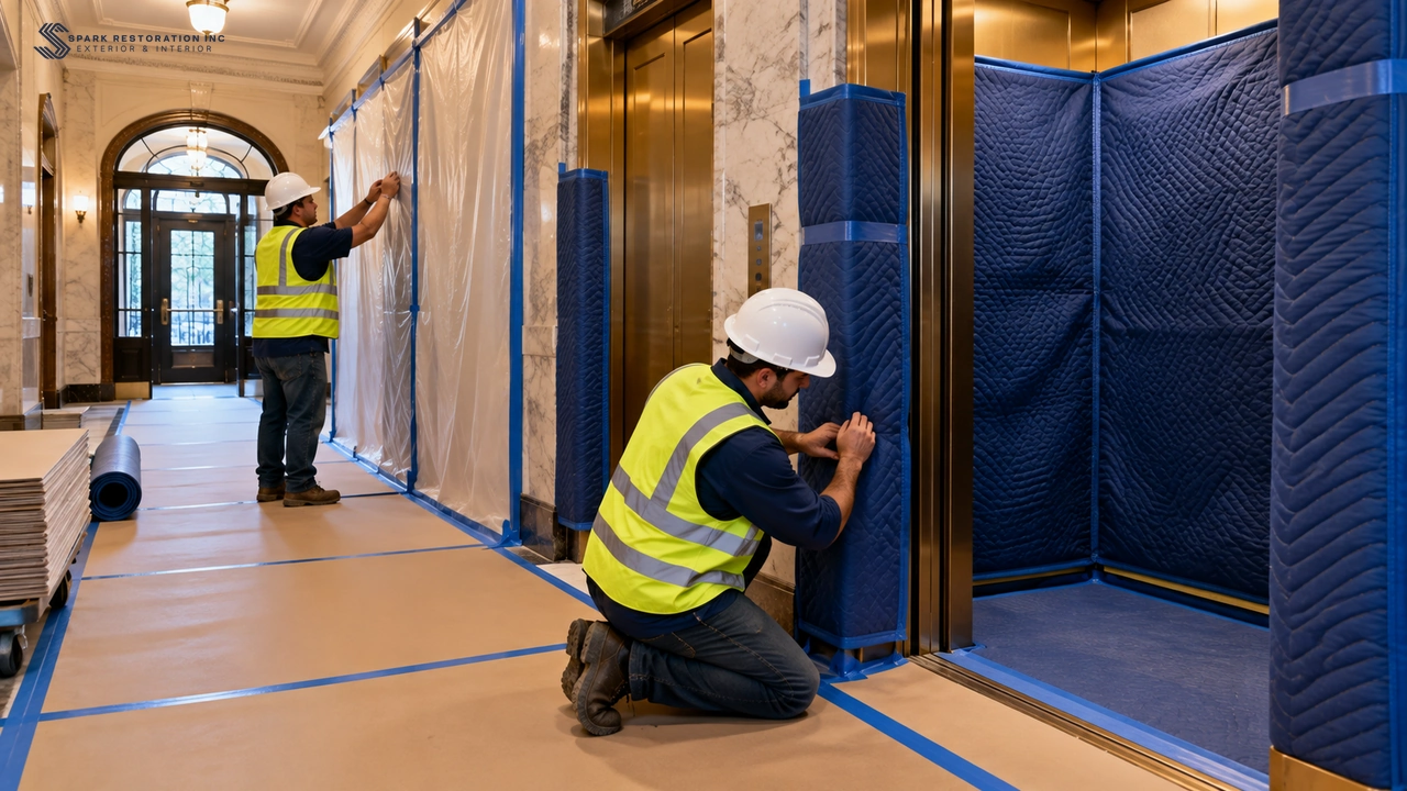Workers installing elevator and hallway protection before a co-op renovation