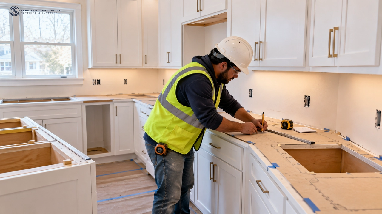 Worker templating countertops over newly installed kitchen cabinets