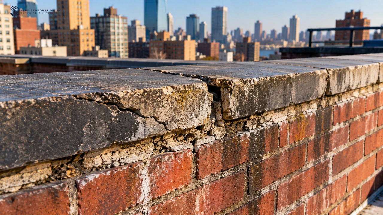 Cracked coping stone and weathered mortar joints along the top of a brick parapet wall