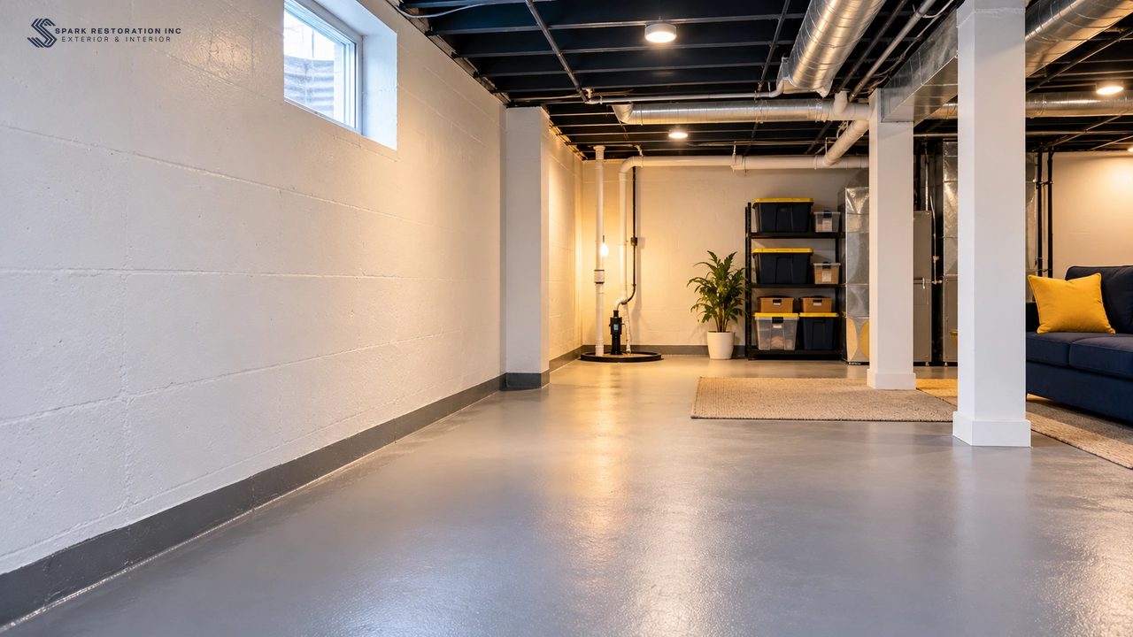 Dry, bright finished basement after waterproofing work