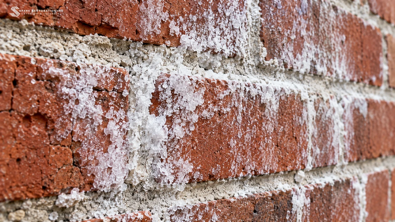 Close-up of white crystalline efflorescence salt deposits on brick and mortar joints