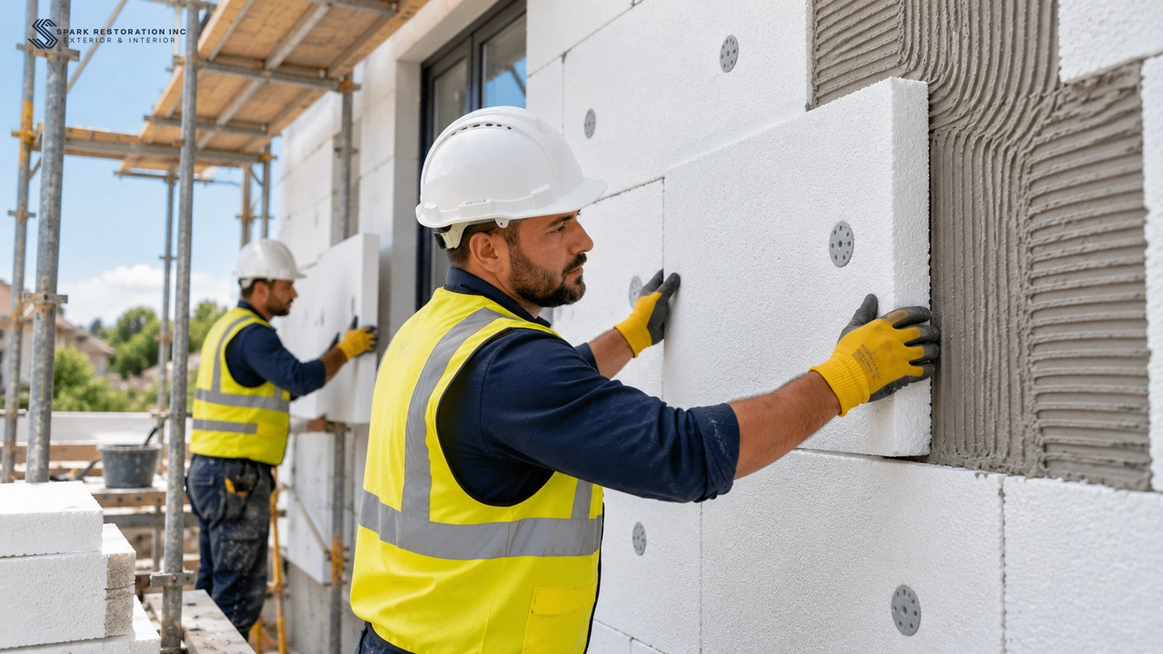 Worker installing EIFS insulation boards on an exterior wall