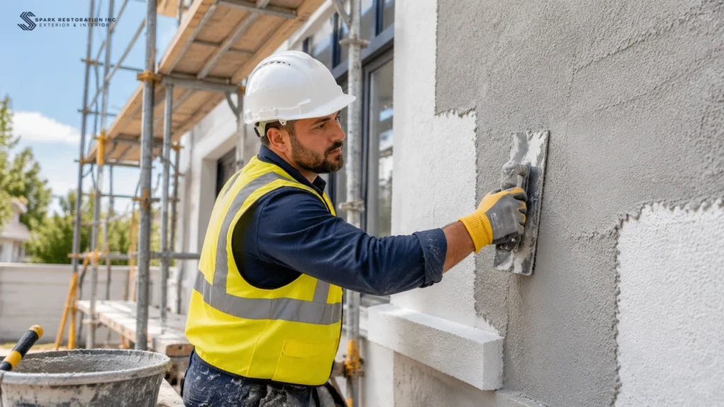 Worker applying a stucco finish coat to a building facade from scaffolding