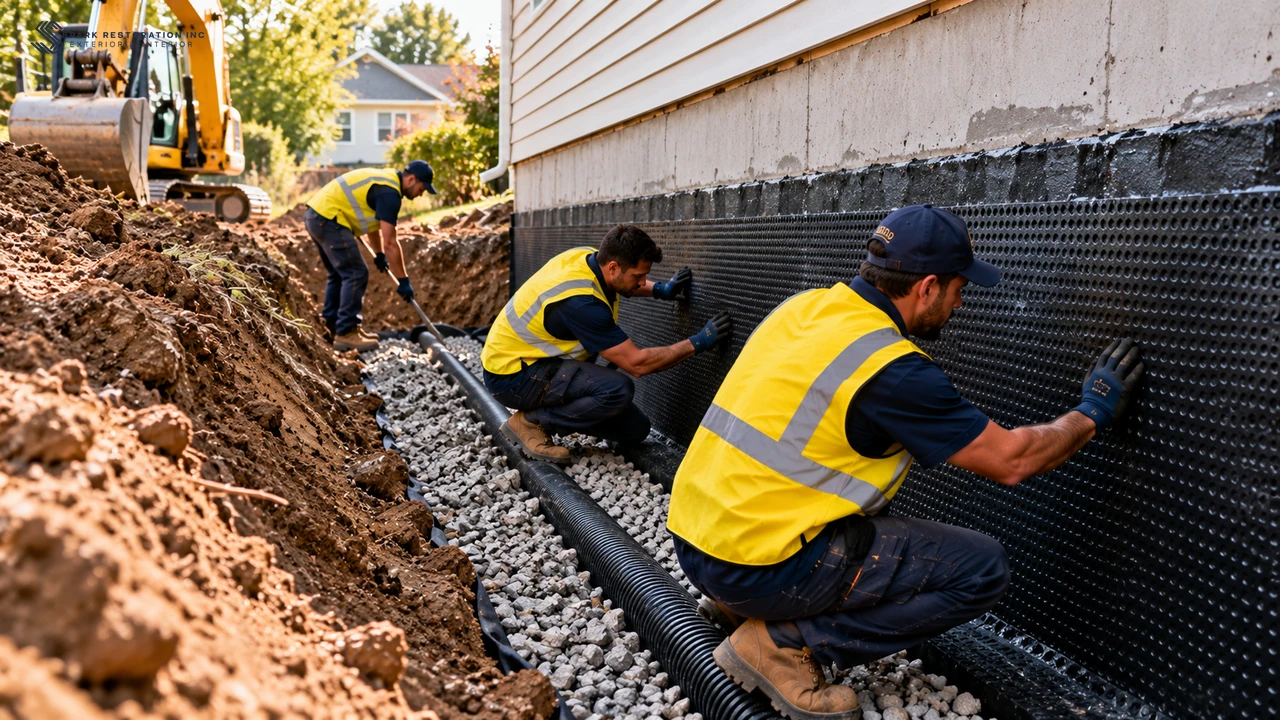 Exterior foundation excavation with waterproofing membrane being applied