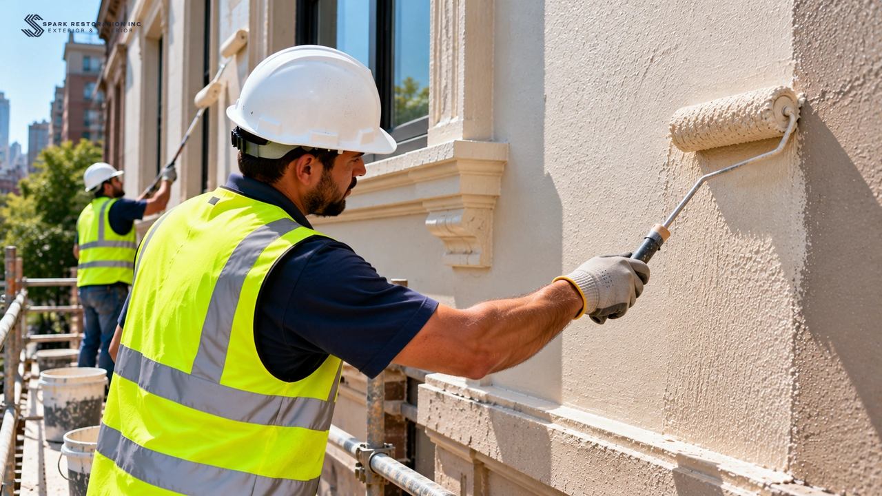 Painter applying thick high-build acrylic paint to a building exterior wall
