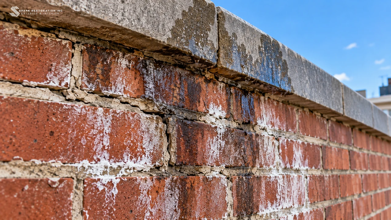 Brick wall with failed cracked mortar joints and water staining below a stone coping