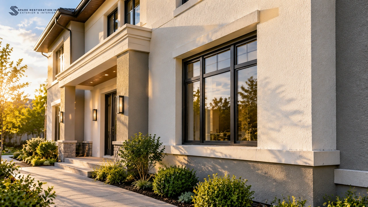 Finished stucco building facade in warm evening light
