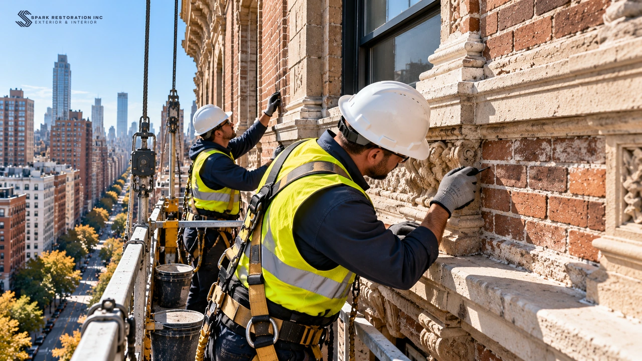 Workers on a suspended scaffold carrying out a close-up facade inspection drop
