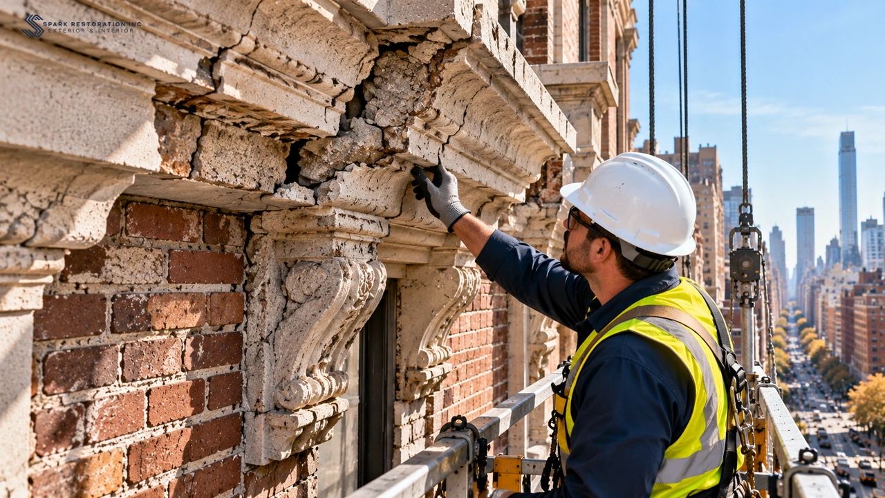 Close-up of cracked masonry and a damaged cornice found during a facade inspection