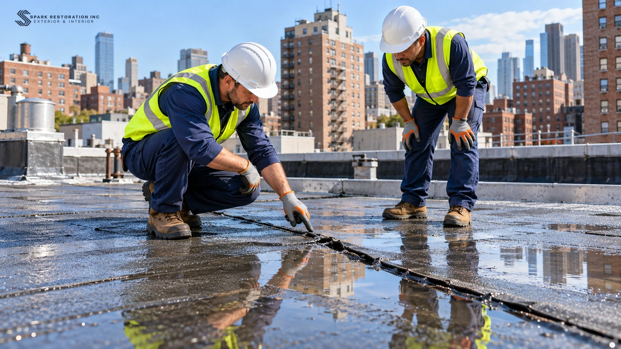 Roofers inspecting ponding water and a split seam on a flat roof