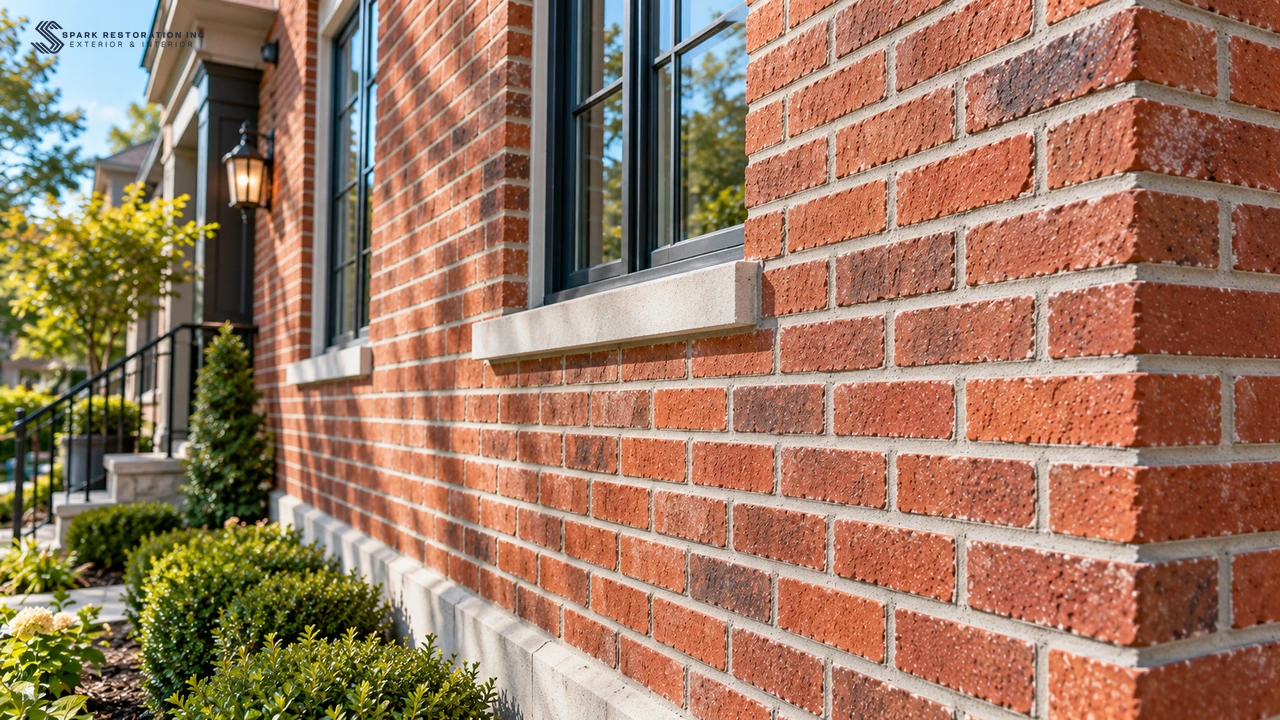 Freshly repointed brick house facade in sunlight