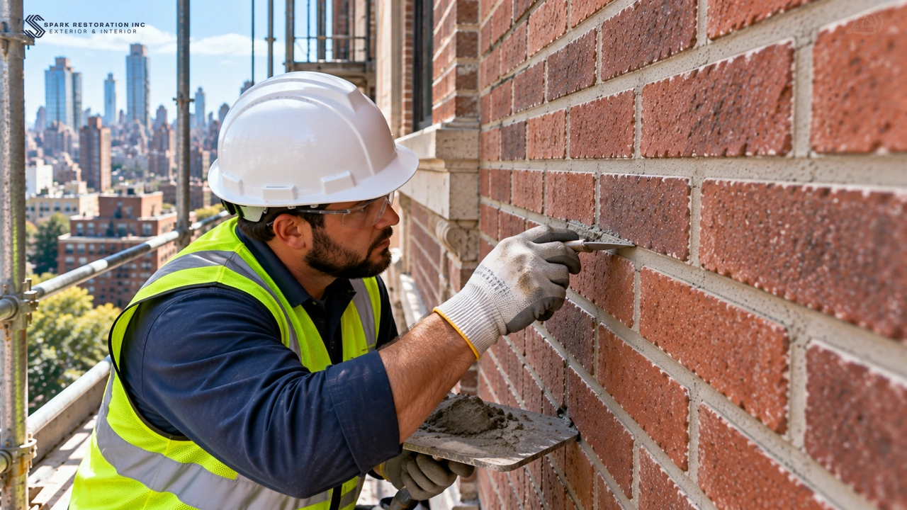 Mason finishing freshly repointed brickwork with clean mortar joints