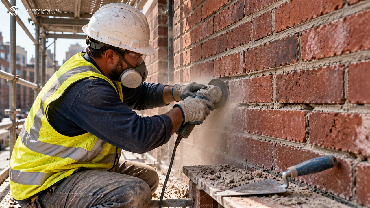 Worker grinding out deteriorated mortar joints before repointing