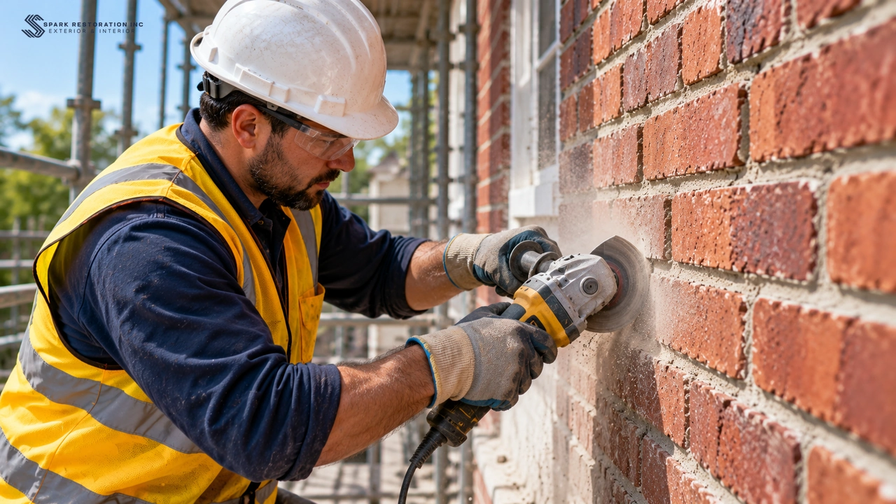 Worker grinding out old mortar joints on a brick wall