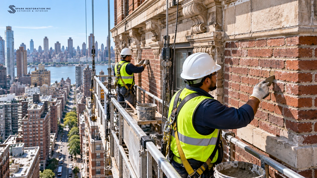 Repointing work high on a tall building from a suspended scaffold platform