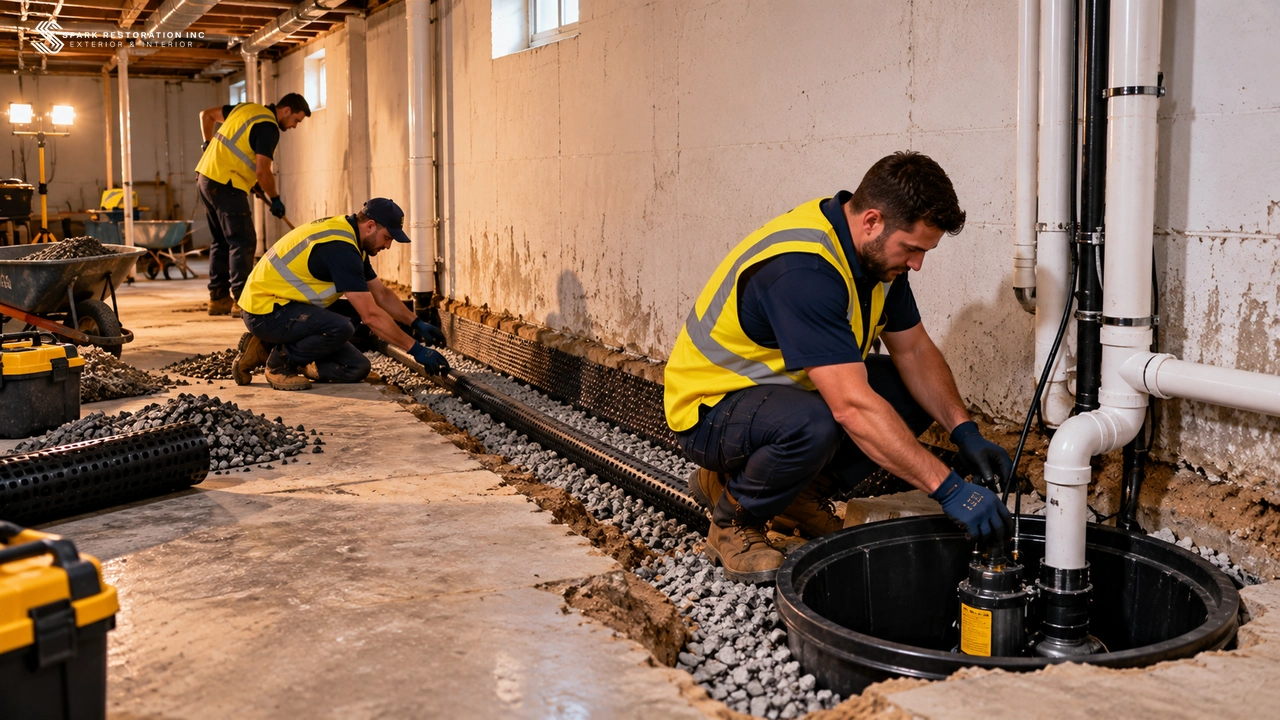 Interior basement drainage channel and sump pump installation