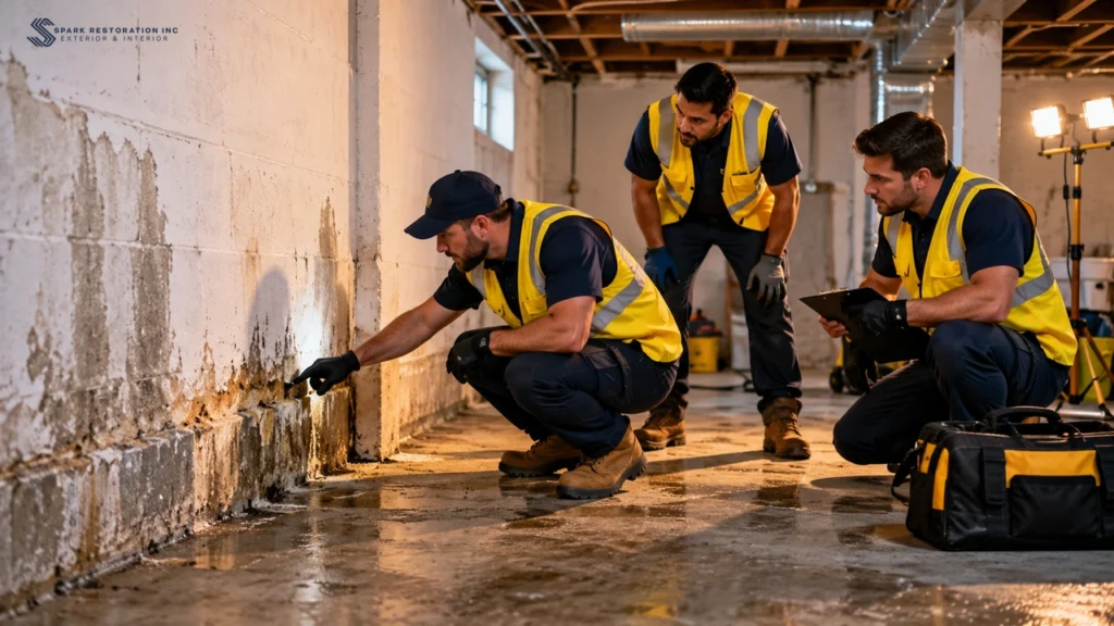 Waterproofing crew inspecting a residential basement foundation wall