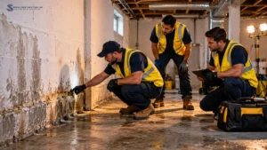 Waterproofing crew inspecting a residential basement foundation wall