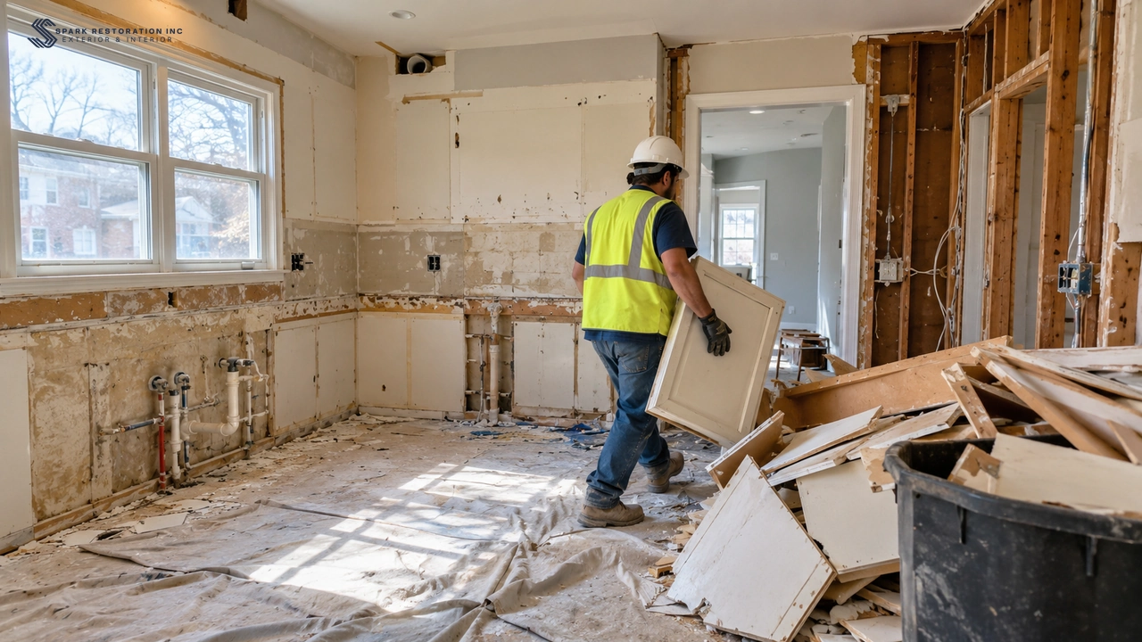 Kitchen demolition stage with cabinets removed and walls opened