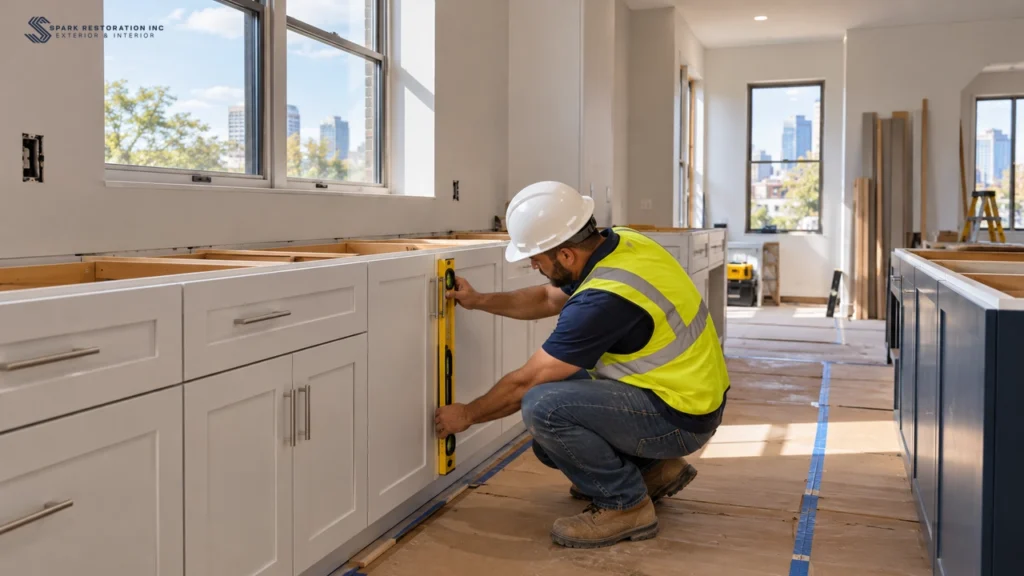 Worker levelling newly installed kitchen cabinets during a remodel