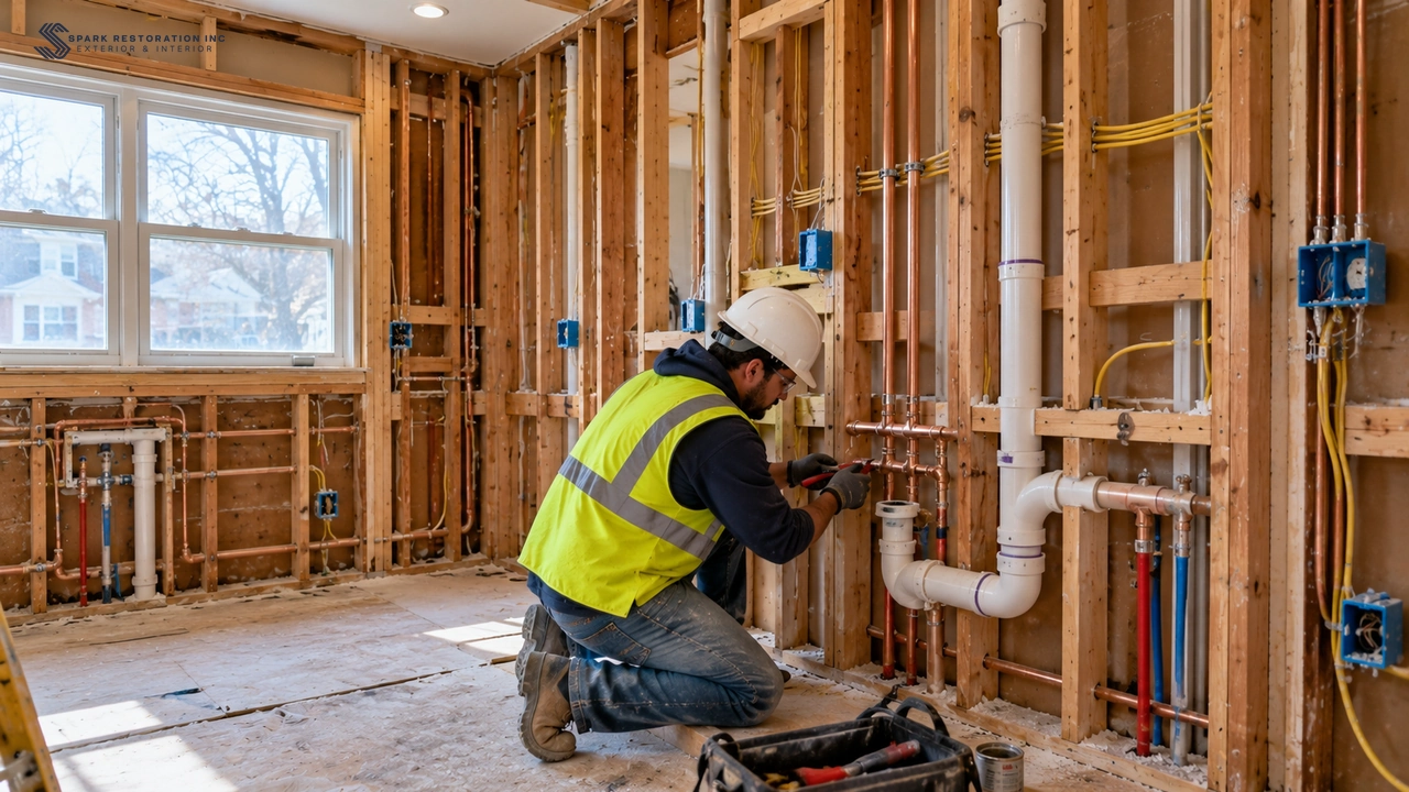 Rough plumbing and electrical work inside open kitchen walls