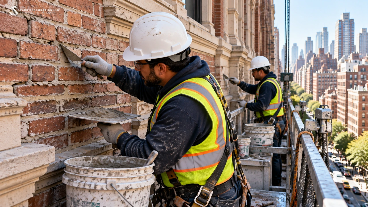 Masons repointing a weathered brick facade on a scaffold