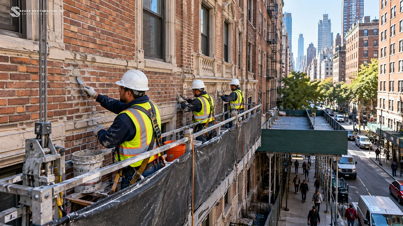 Crew on a scaffold repairing a cracked brick facade above a sidewalk shed