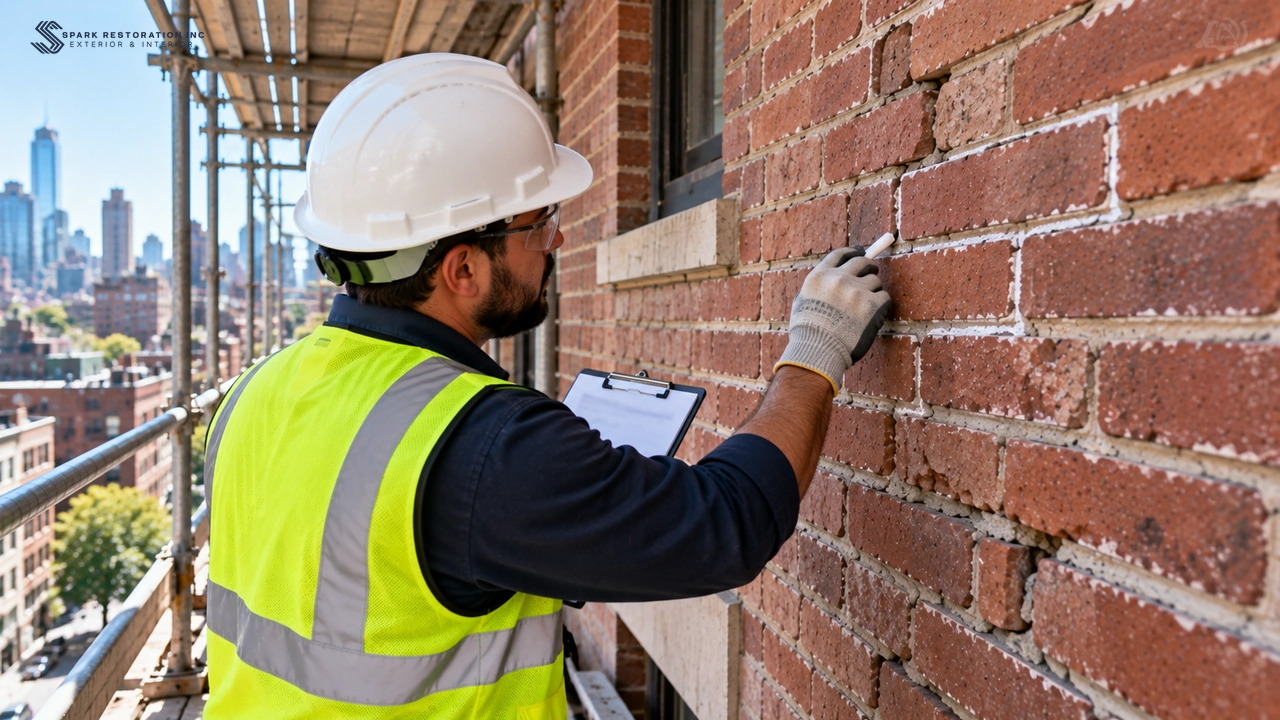Inspector marking deteriorated mortar joints on a brick wall with chalk lines