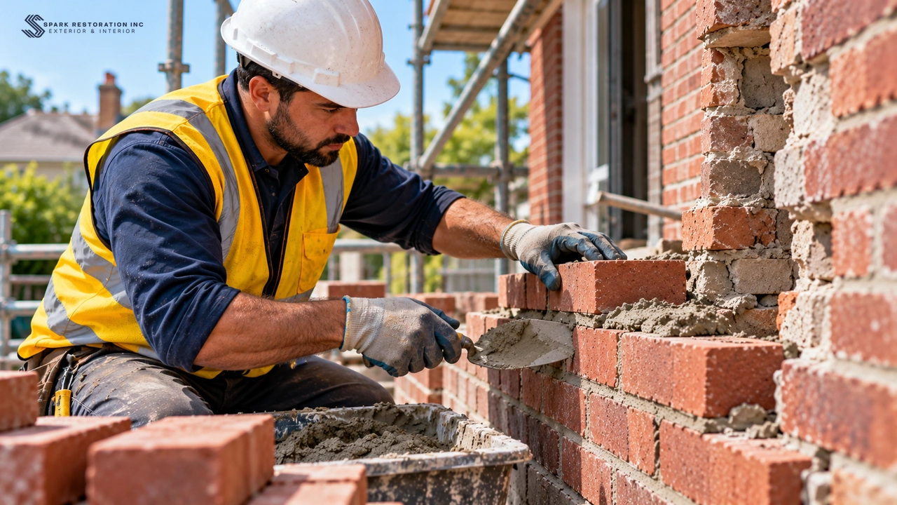 Mason rebuilding a dismantled brick wall section with fresh bricks