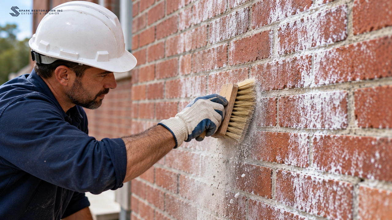 Worker dry-brushing efflorescence off a brick wall with a stiff brush