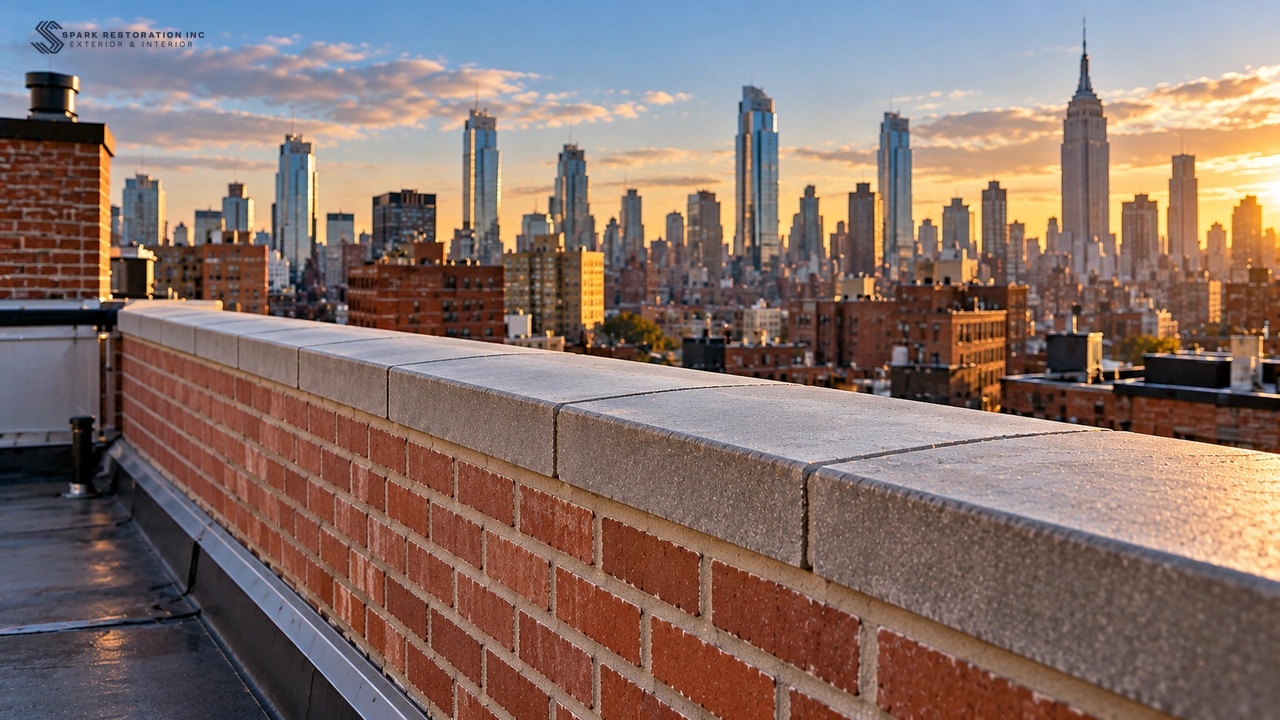 Newly repaired parapet wall with fresh coping stones on a New York City rooftop