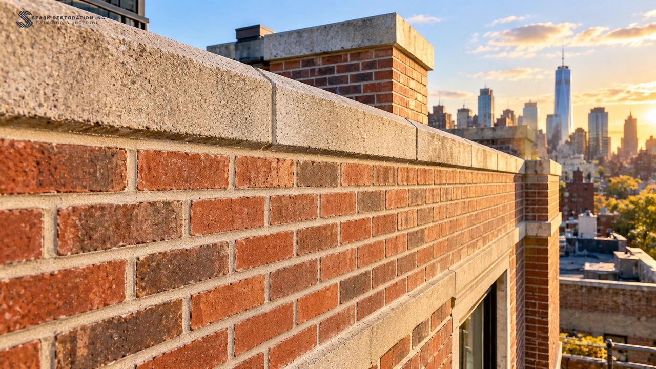 Freshly repaired and repointed brick facade below a parapet coping in New York City