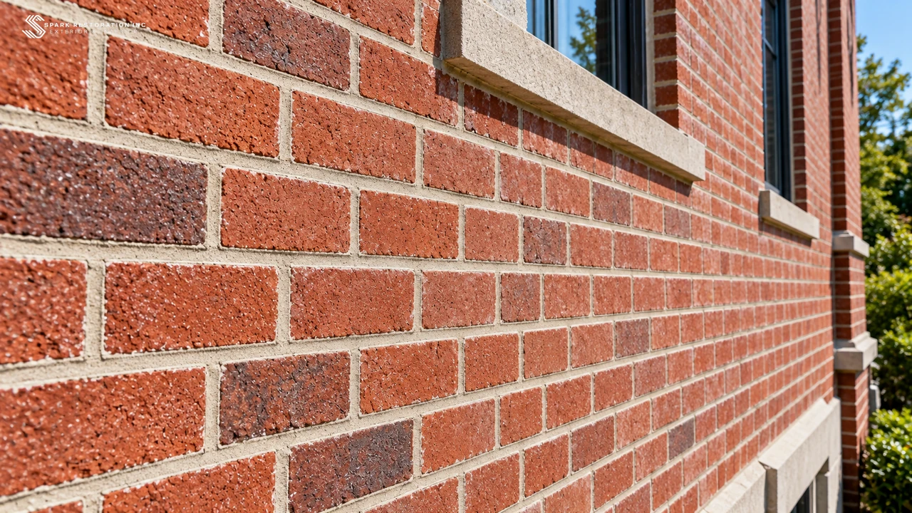Clean freshly repointed red brick facade with no efflorescence deposits