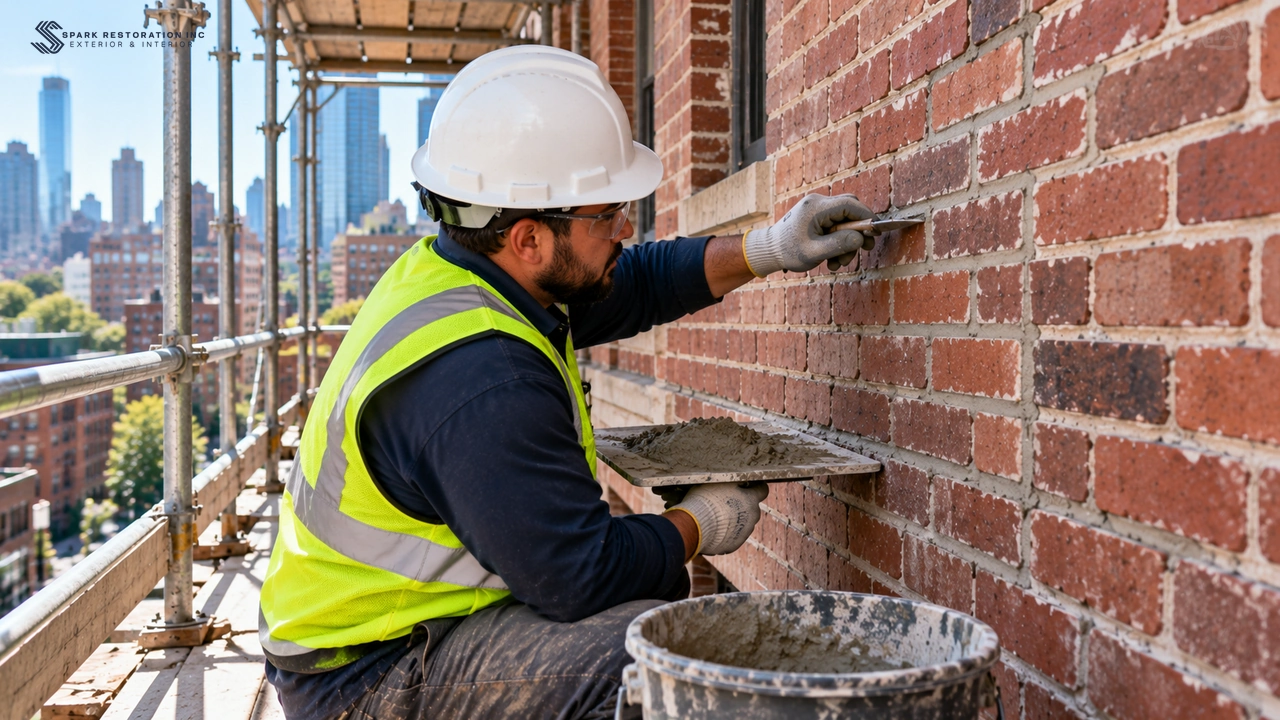 Mason repointing one measured section of a brick wall from a scaffold platform