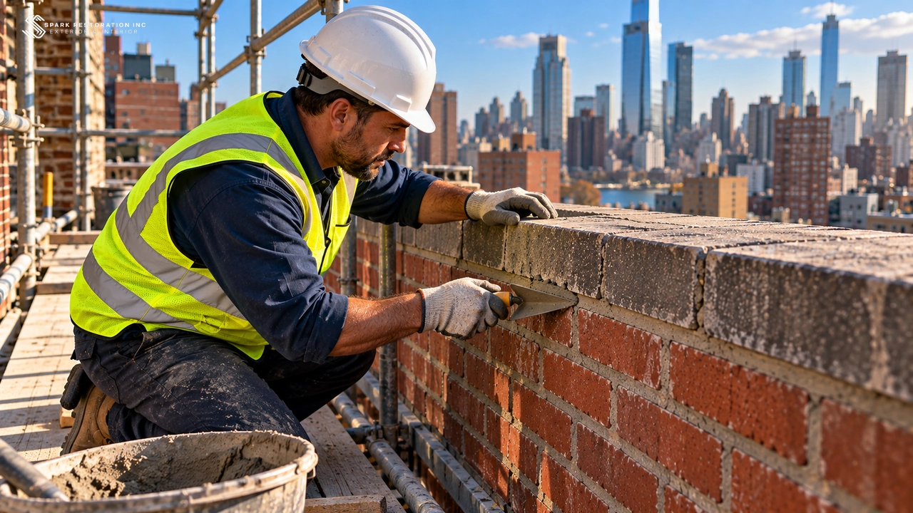 Mason repointing the mortar joints of a brick parapet wall at roof level